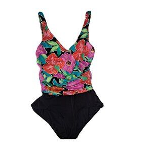 Catalina Women's Size 12 Pink Black Green Swimsuit Built in B cup bra